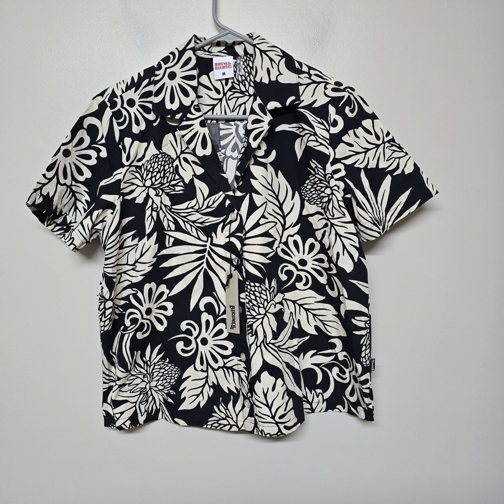 Birdwell Beach Britches Hawaiian Shirt Women's M Black White Floral‎ Cotton NWT